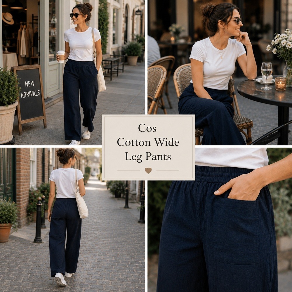 COS Navy Blue Textured Cotton Drawstring Elastic Waist Pants Women Size 12